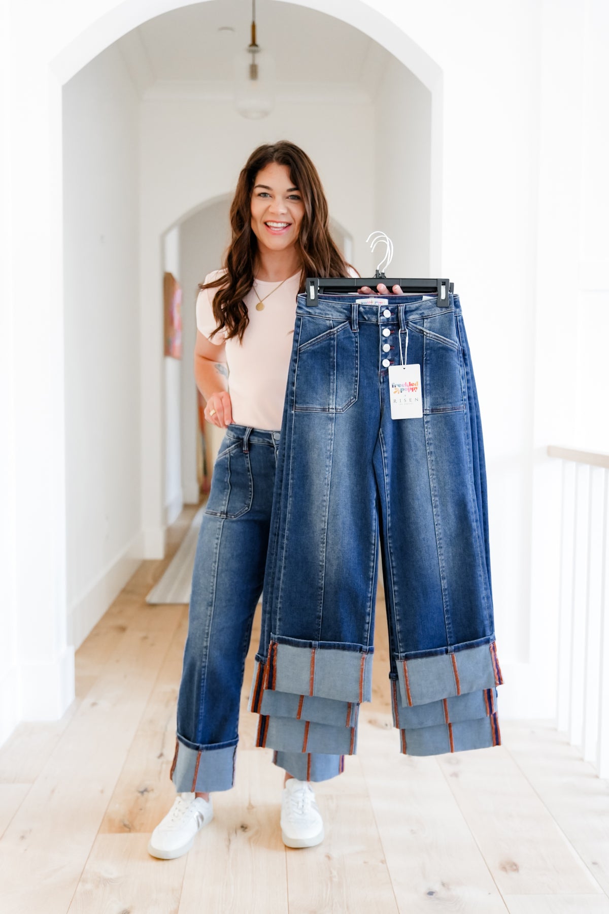 Risen Multi Inseam High Rise Dark Wash Cropped Wide Cuffed Straight Leg Jeans - Freckled Poppy