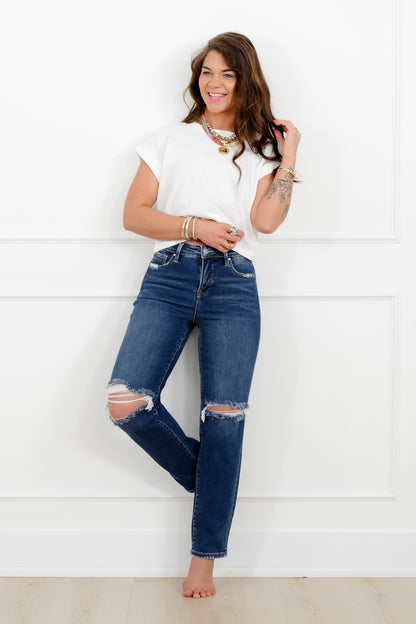 Risen High Rise Dark Wash Tummy Control Distressed Girlfriend Jeans - Freckled Poppy