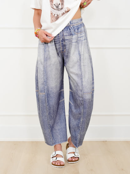 Restock! Plus/Reg Acid Print Elastic Waist Barrel Pants - Freckled Poppy