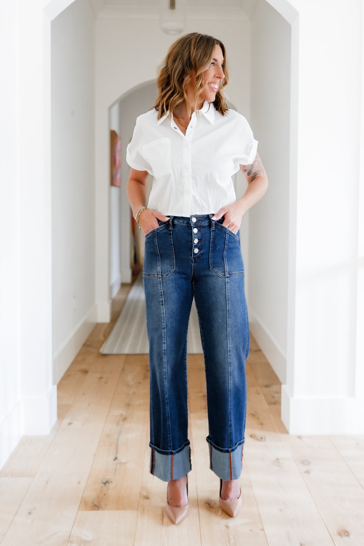 Risen Multi Inseam High Rise Dark Wash Cropped Wide Cuffed Straight Leg Jeans - Freckled Poppy