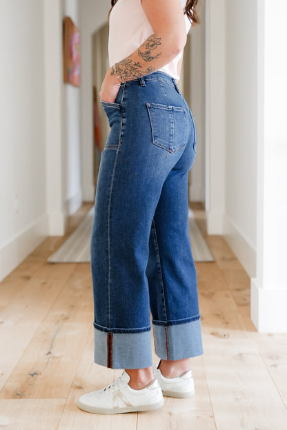 Risen Multi Inseam High Rise Dark Wash Cropped Wide Cuffed Straight Leg Jeans - Freckled Poppy