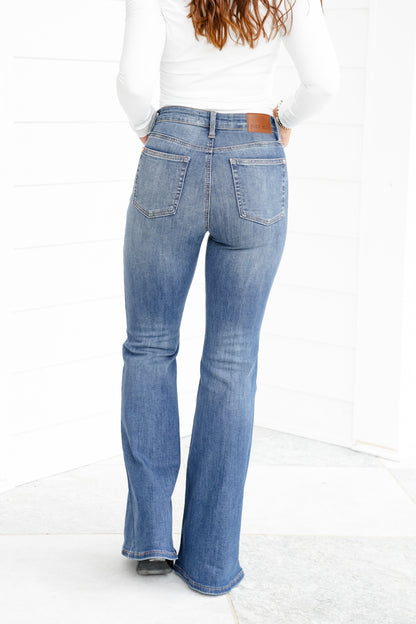 Restock! Judy Blue Golden Hour Mid Rise Flare Jeans with Double Angular Seam - Freckled Poppy