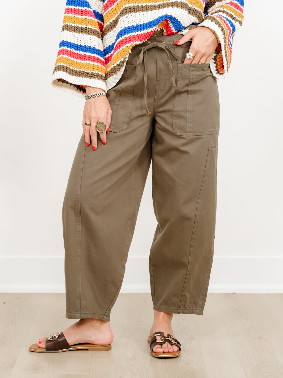 Olive Elastic Waist Barrel Leg Pants - Freckled Poppy