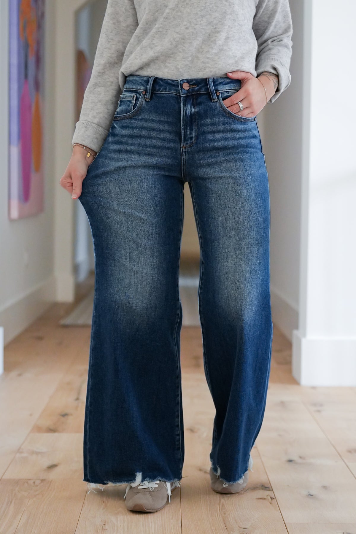Risen High Rise Dark Wash Wide Leg Jeans - Freckled Poppy
