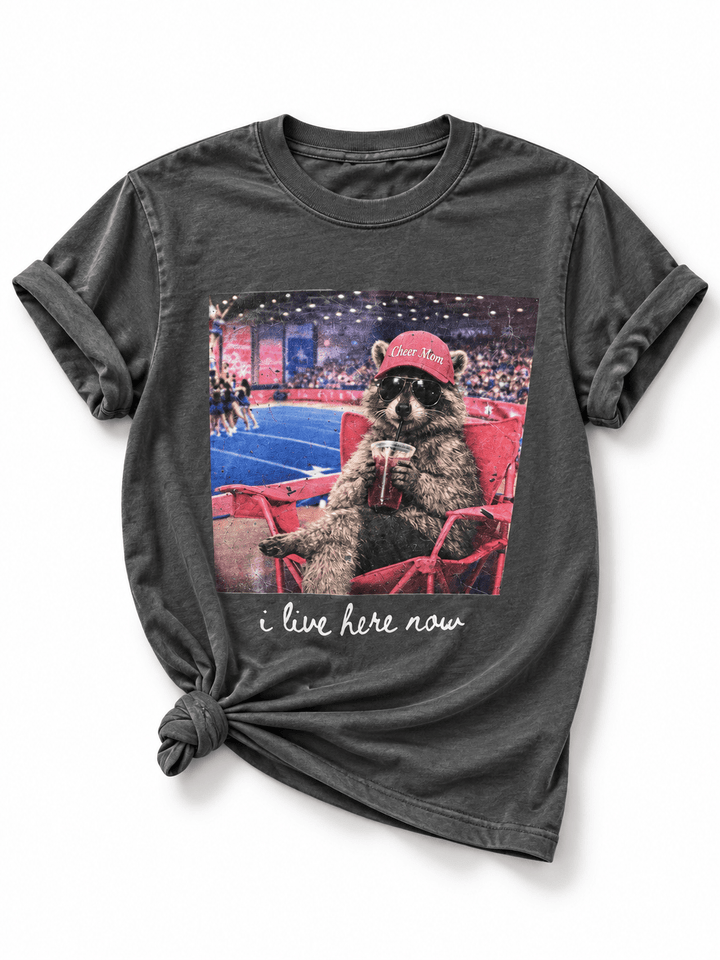 Plus/Reg Short Sleeve "I Live Here Now" Raccoon Graphic Tee - Freckled Poppy