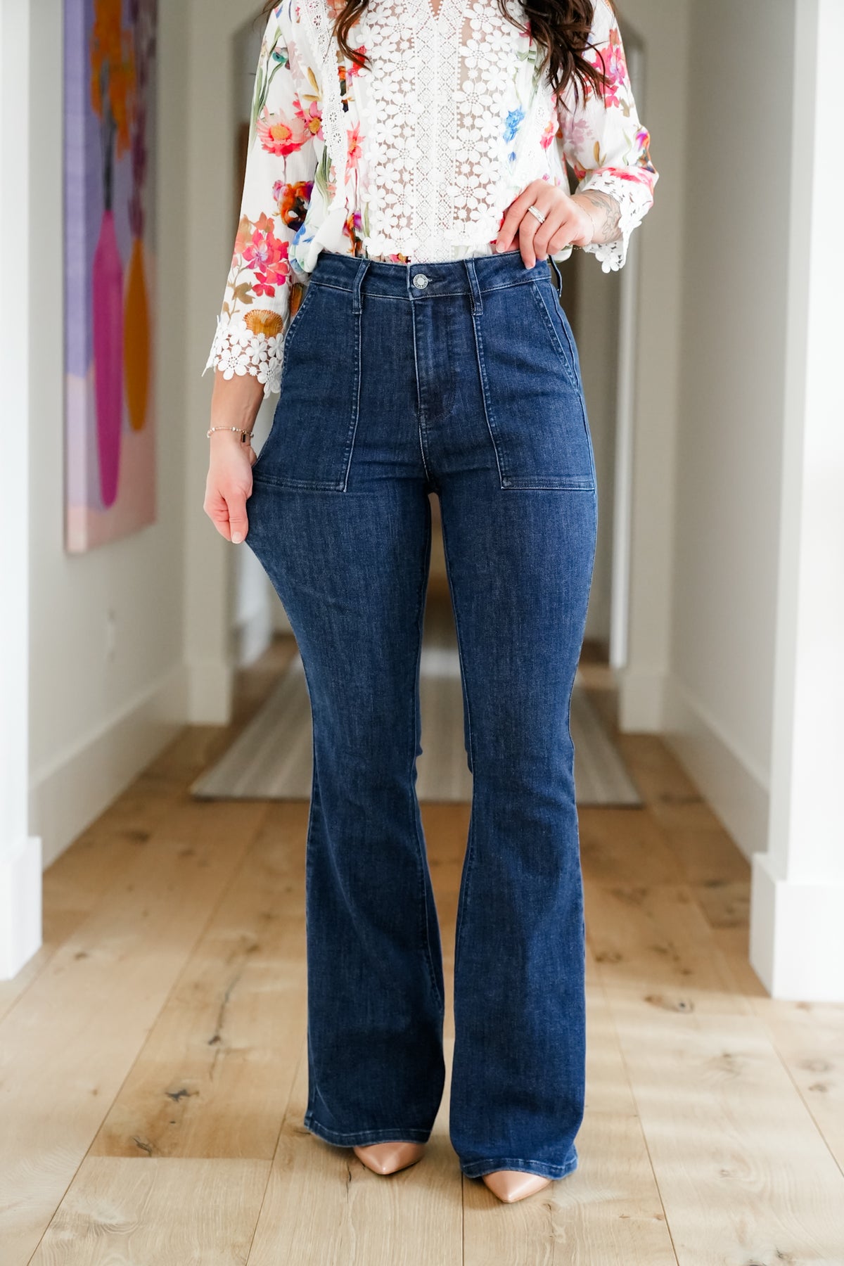 Judy Blue High Rise Dark Wash Flare Jeans with Patch Pockets - Freckled Poppy