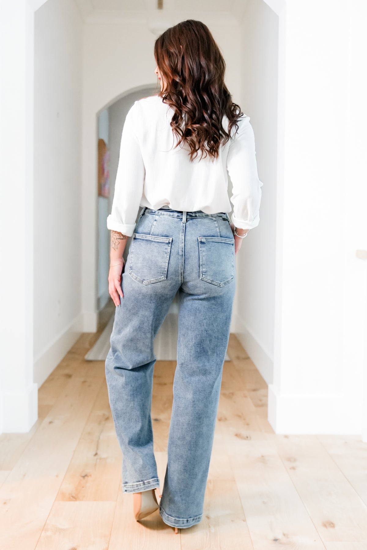 Risen Mid Rise Medium Wash Relaxed Fit Baggy Jeans with Patch Pockets - Freckled Poppy