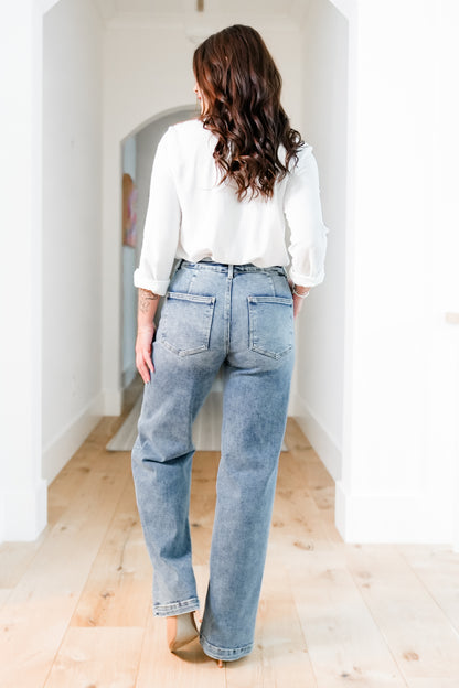 Risen Mid Rise Medium Wash Relaxed Fit Baggy Jeans with Patch Pockets - Freckled Poppy