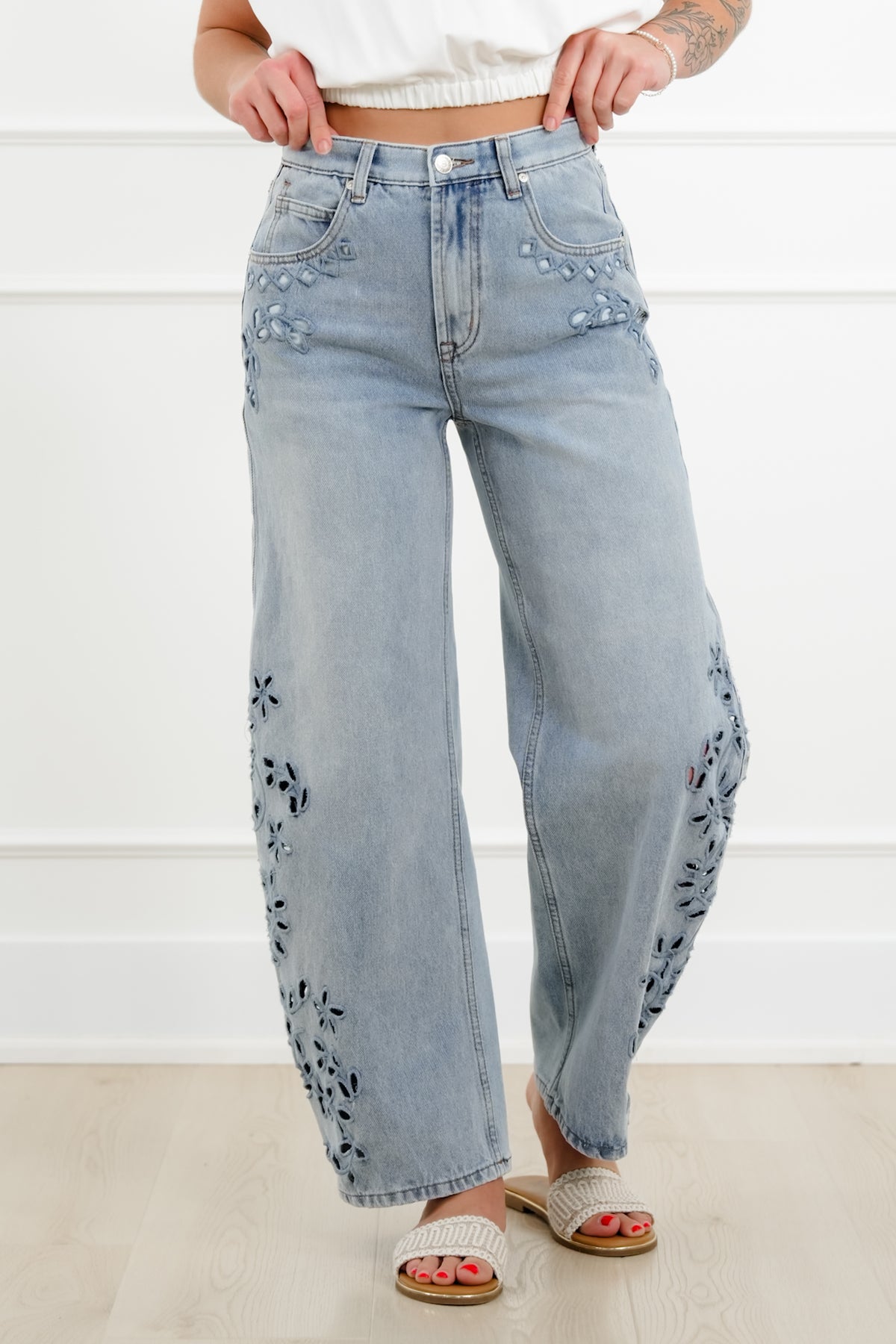 Saige High Rise Light Wash Tummy Control Barrel Jeans with Embroidery - Freckled Poppy