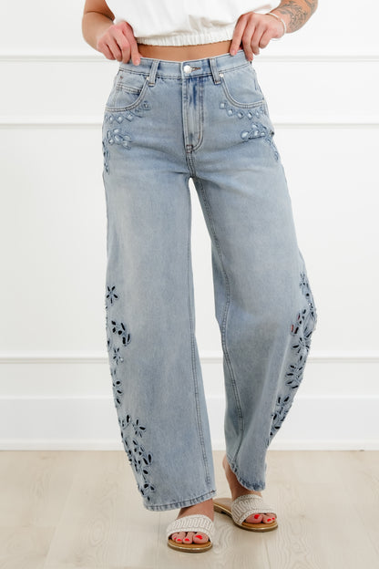Saige High Rise Light Wash Tummy Control Barrel Jeans with Embroidery - Freckled Poppy