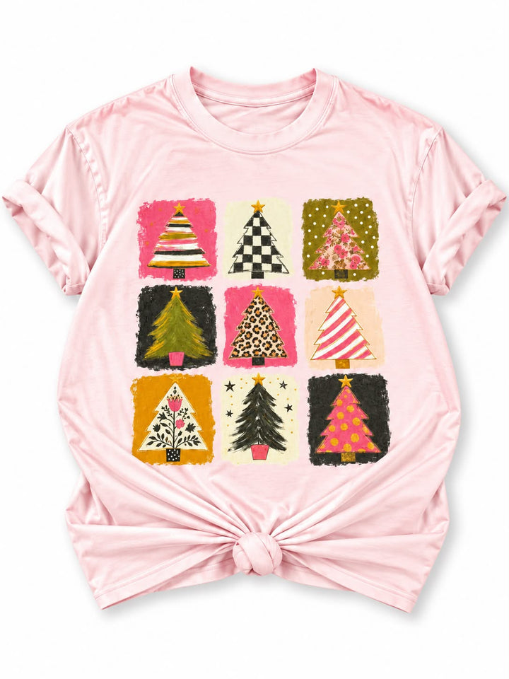 Plus/Reg Short Sleeve Patchwork Christmas Trees Graphic Tee - Freckled Poppy