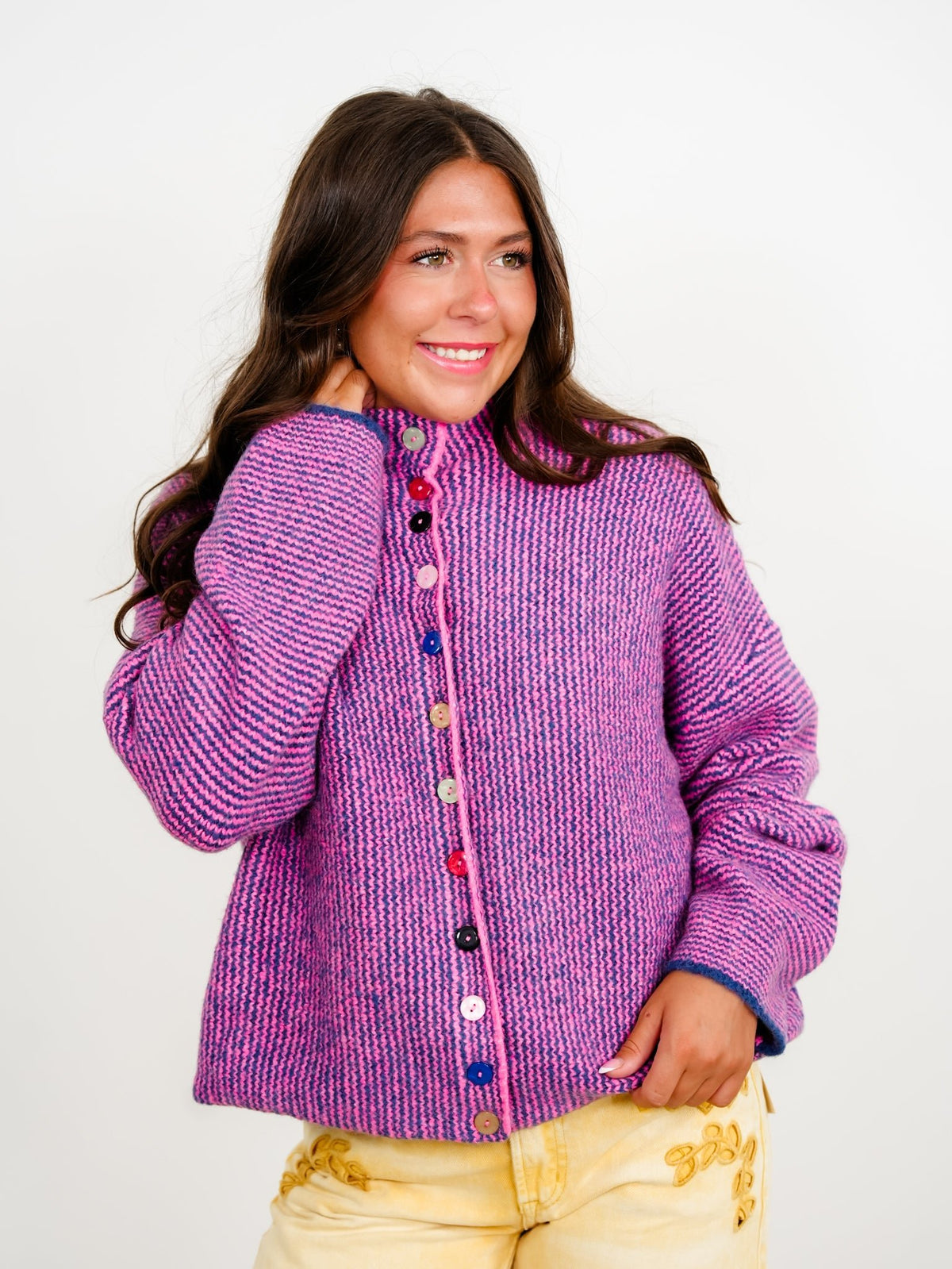 Striped Long Sleeve Mock Neck Sweater Cardigan With Colorful Buttons - Freckled Poppy