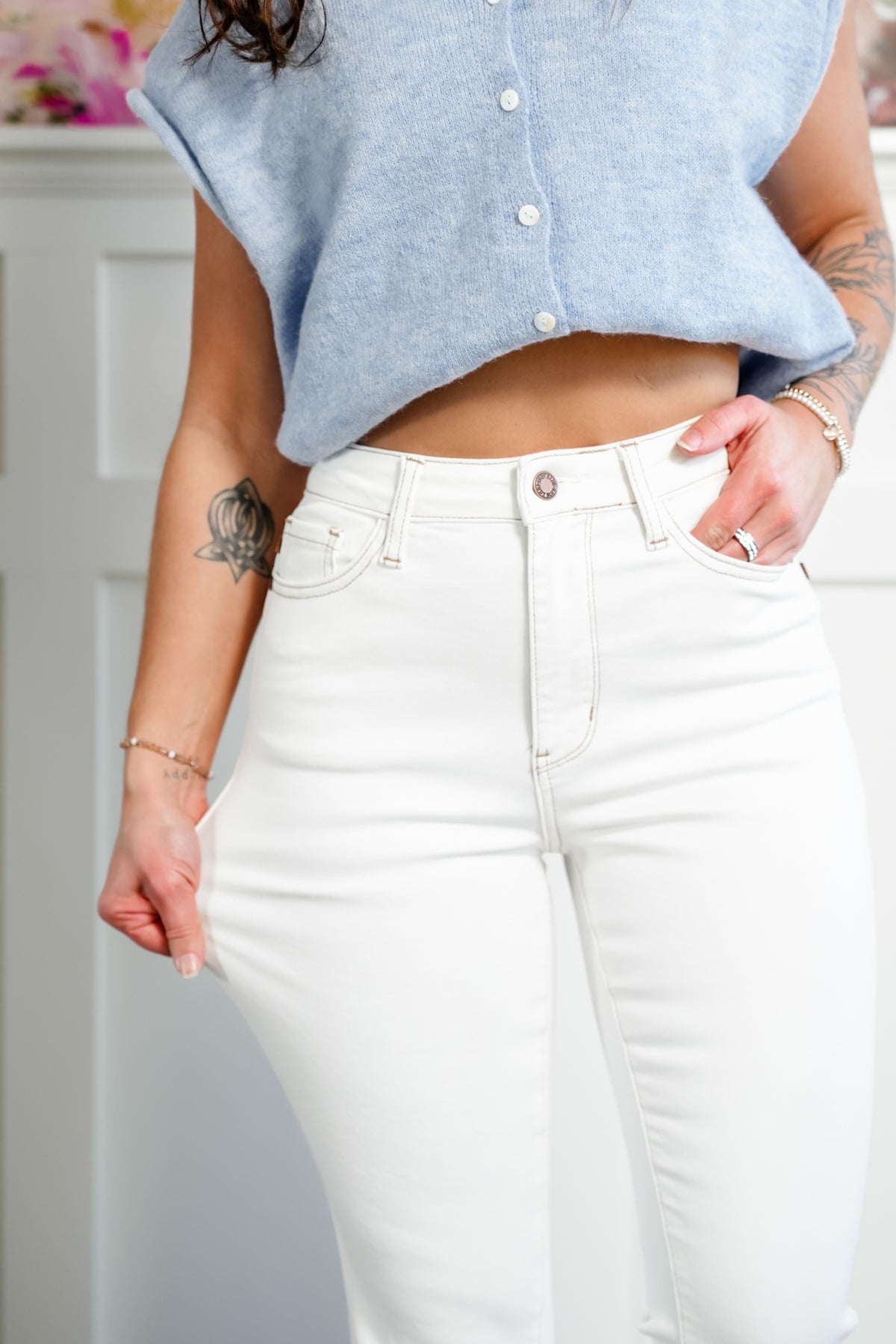 Judy Blue High Rise White Kick Flare Jeans - Freckled Poppy