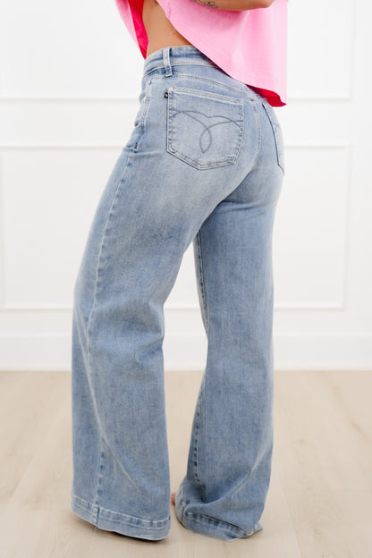Judy Blue Mid Rise Light Wash Retro Wide Leg Jeans with Fold Over Waistband - Freckled Poppy