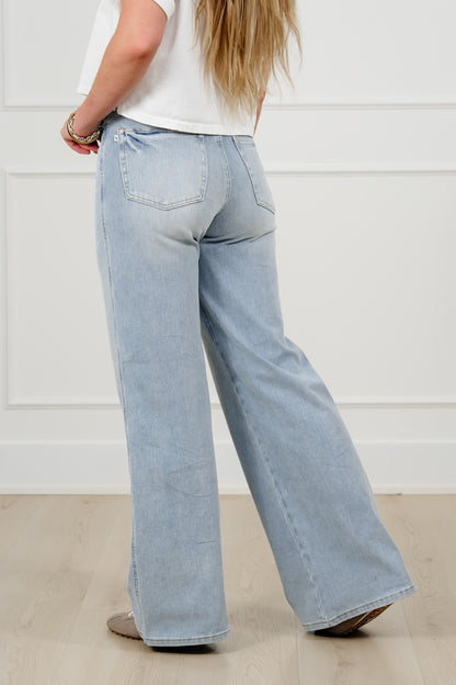 Judy Blue Secret Sauce 2.0 High Rise Light Wash Petite/Reg Tummy Control Retro Wide Leg Jeans - Freckled Poppy