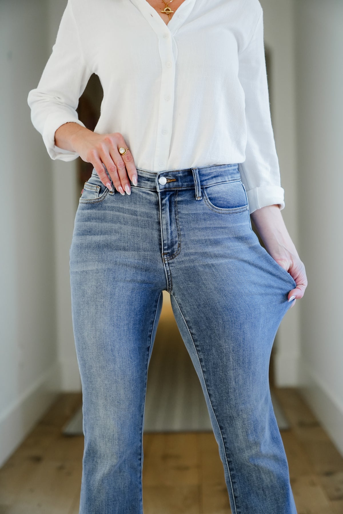 Judy Blue Multi-Inseam Mid-Rise Medium Wash Trouser Flare Jeans - Freckled Poppy
