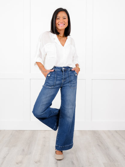 Risen High Rise Dark Wash Ankle Wide Leg Patch Front Pocket Jeans - Freckled Poppy