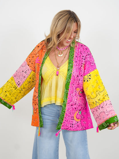 POL Quilted Patchwork Print Long Sleeve Kimono Jacket - Freckled Poppy