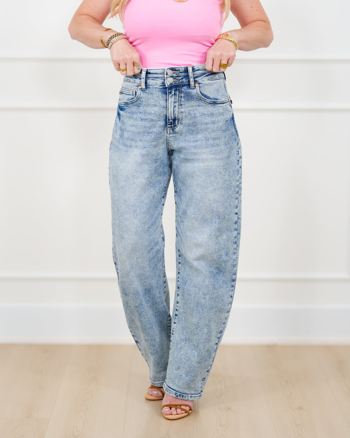 Judy Blue High Rise Light Wash Double Waist Band Marlow Arc Leg - Freckled Poppy