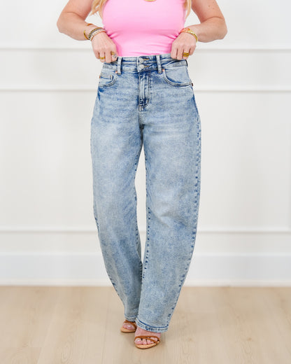 Judy Blue High Rise Light Wash Double Waist Band Marlow Arc Leg - Freckled Poppy