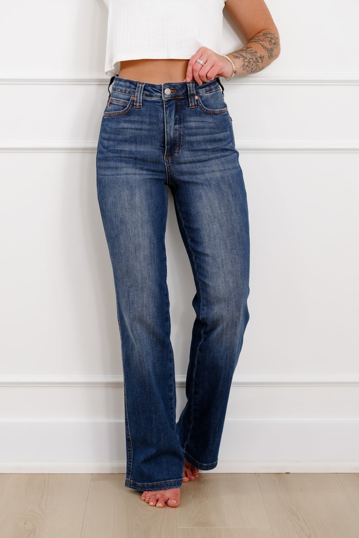 Judy Blue High Rise Medium Wash Tummy Control Straight Leg Jeans - Freckled Poppy
