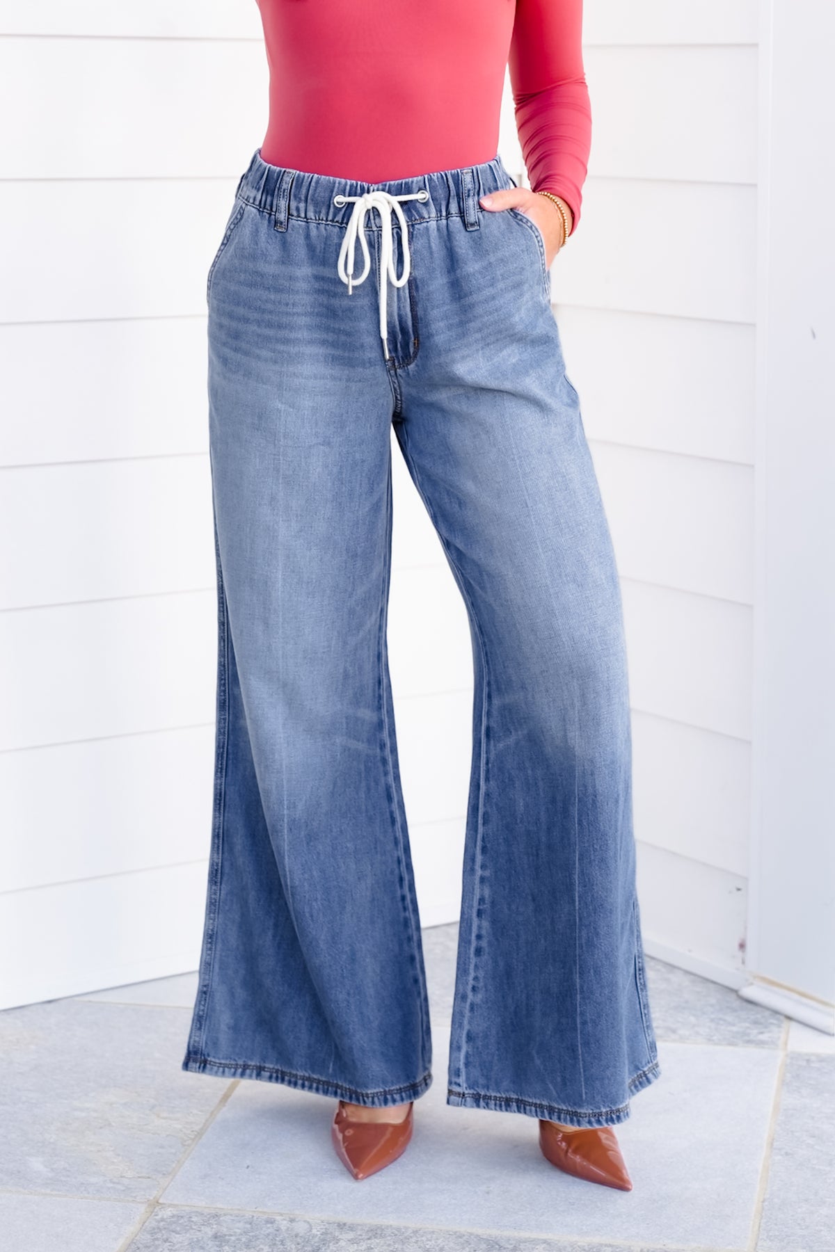Judy Blue High Rise Dark Wash Elastic Waistband Featherweight Palazzo Jeans - Freckled Poppy