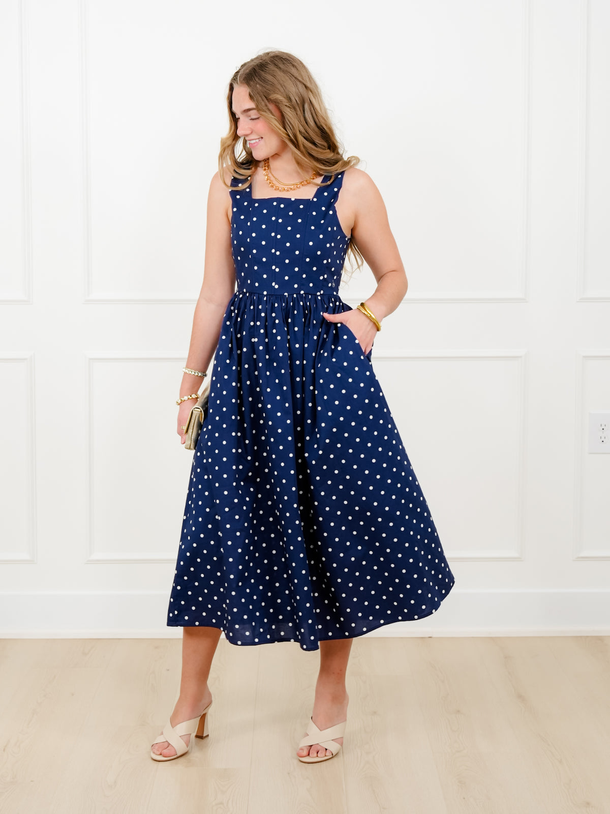 Polka Dot Sleeveless Square Neck Midi Dress - Freckled Poppy