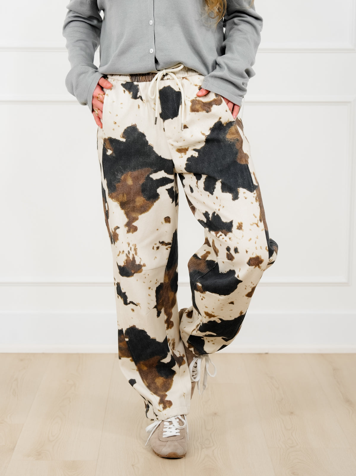 Plus/Reg Cow Print Elastic Waist Barrel Pants - Freckled Poppy