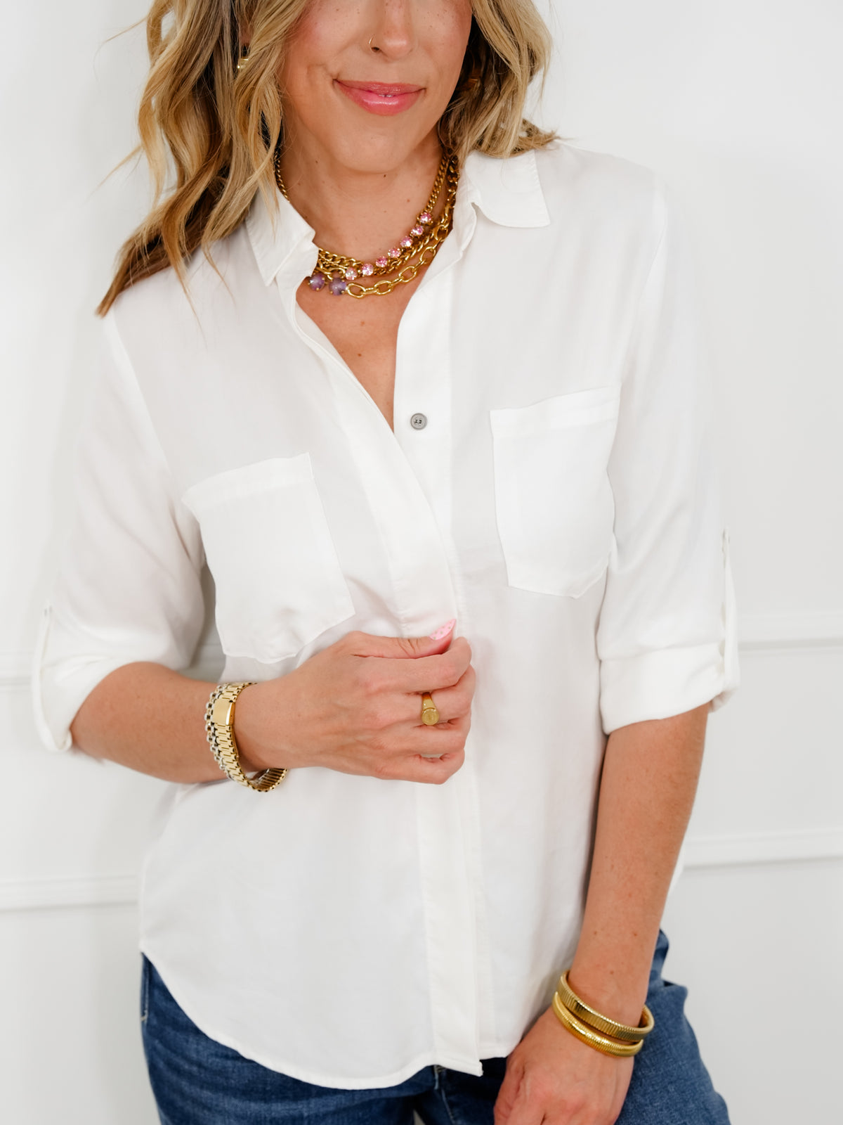 Solid Long Sleeve Button Down Collared Top - Freckled Poppy