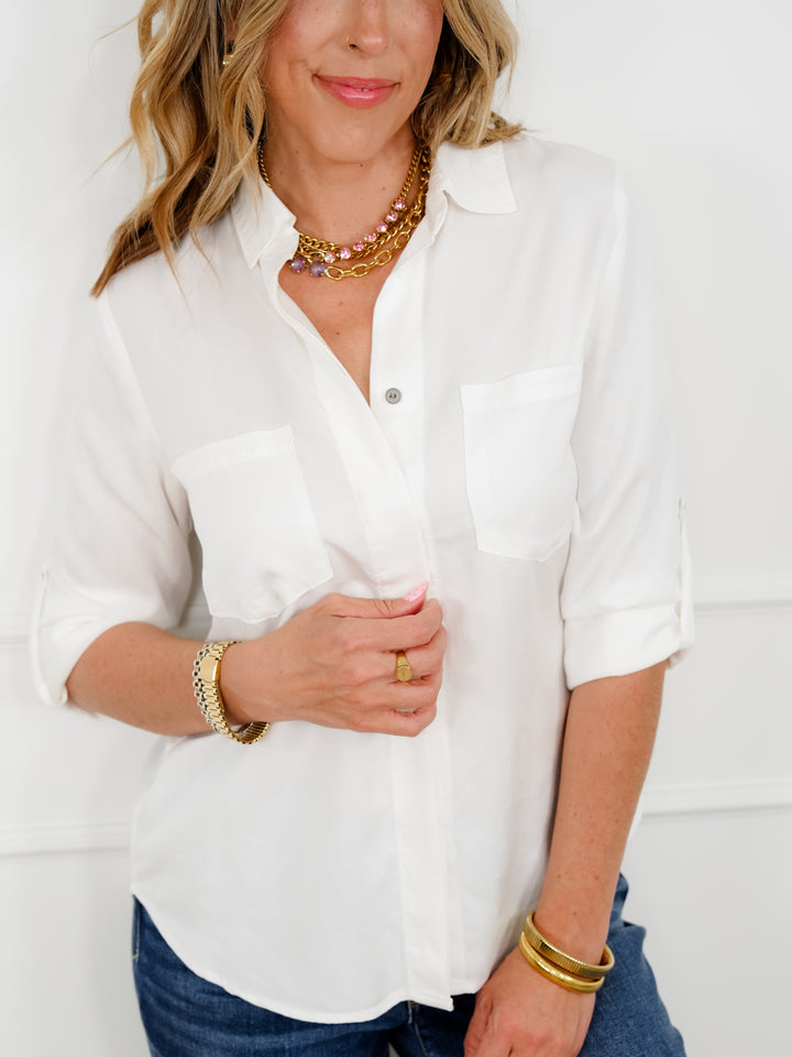 Solid Long Sleeve Button Down Collared Top - Freckled Poppy