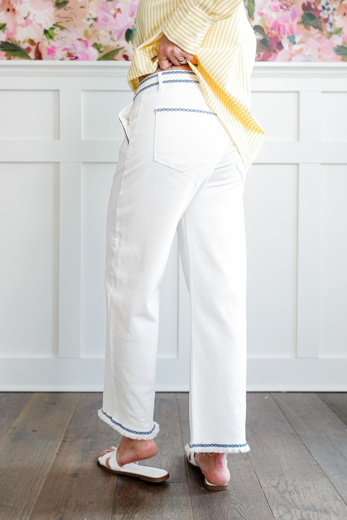 Risen High Rise Cream Tummy Control Embroidered Barrel Jeans - Freckled Poppy
