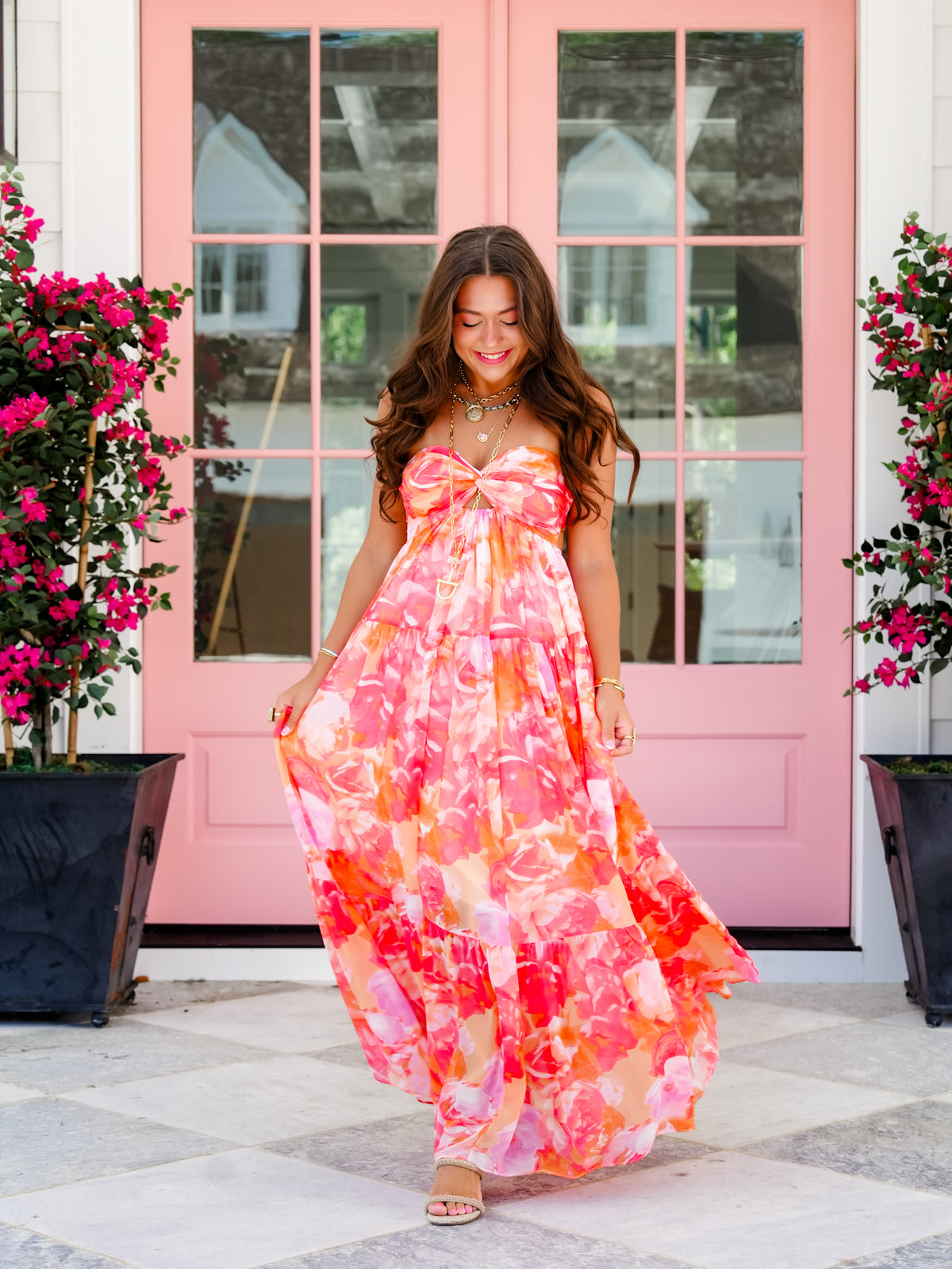 Floral Strapless Twisted Ruched Bust Maxi Dress - Freckled Poppy