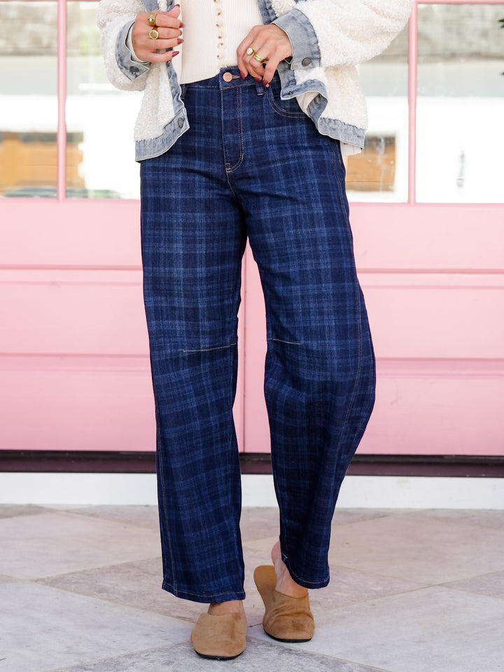 Risen High Rise Dark Plaid Slouchy Cuffed Barrel Jeans - Freckled Poppy