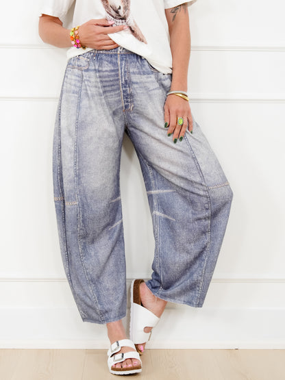 Restock! Plus/Reg Acid Print Elastic Waist Barrel Pants - Freckled Poppy