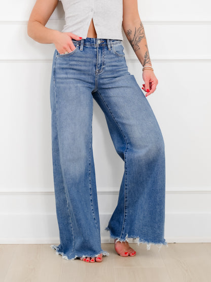 Risen High Rise Medium Wash Wide Leg Jeans - Freckled Poppy