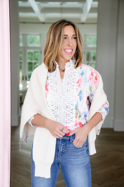 Plus/Reg FP X POL Cream Floral Button Down Top with Lace - Freckled Poppy