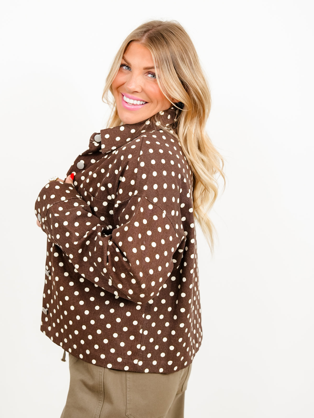 Brown Polka Dot Long Sleeve Button Down Jacket - Freckled Poppy