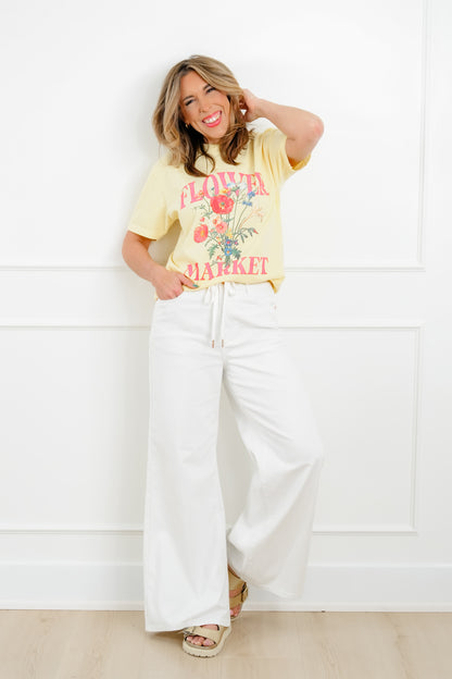 Judy Blue The Sunday Stroll High Rise Multiple Inseam White Featherweight Palazzo Jeans with Elastic Waistband - Freckled Poppy