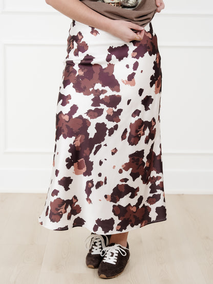 Plus/Reg Satin Cow Print Midi Skirt - Freckled Poppy
