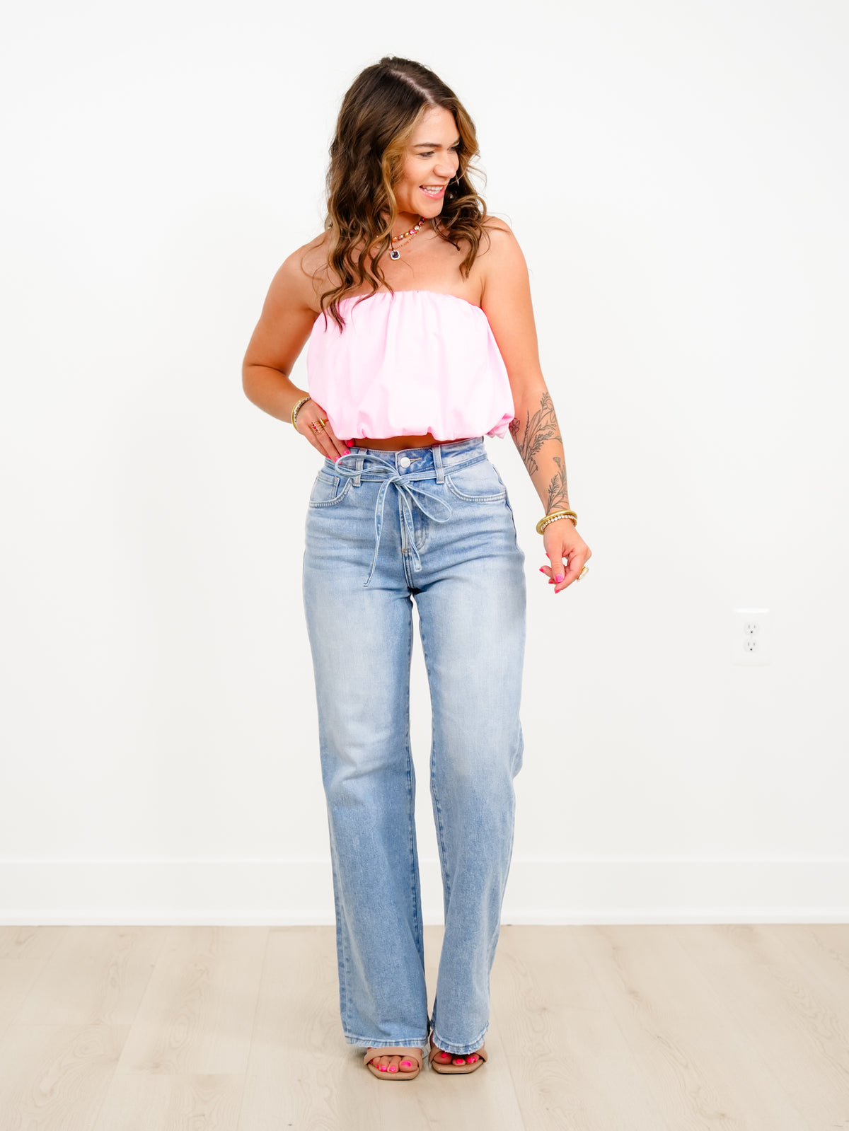 Risen High Rise Light Wash Wide Leg Jeans with Denim Tie Belt - Freckled Poppy
