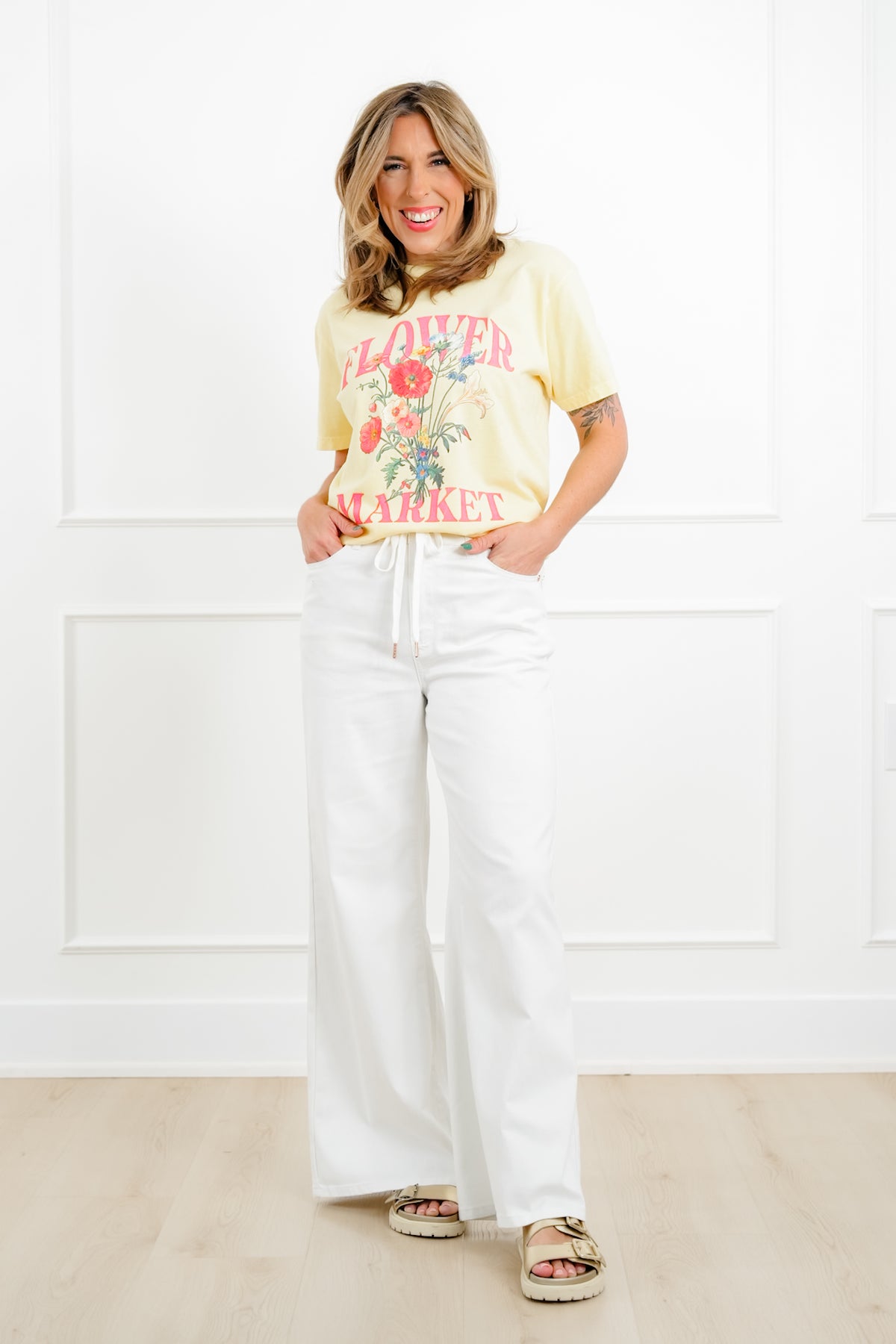 Judy Blue The Sunday Stroll High Rise Multiple Inseam White Featherweight Palazzo Jeans with Elastic Waistband - Freckled Poppy