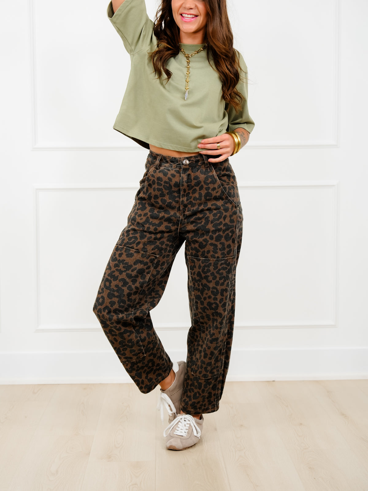 Leopard Print Twill Mid Rise Barrel Pants - Freckled Poppy