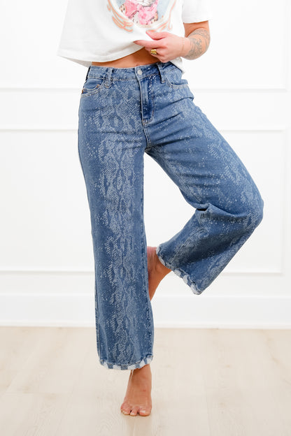 Judy Blue High Rise Snake Print Wide Leg Ankle Jeans - Freckled Poppy