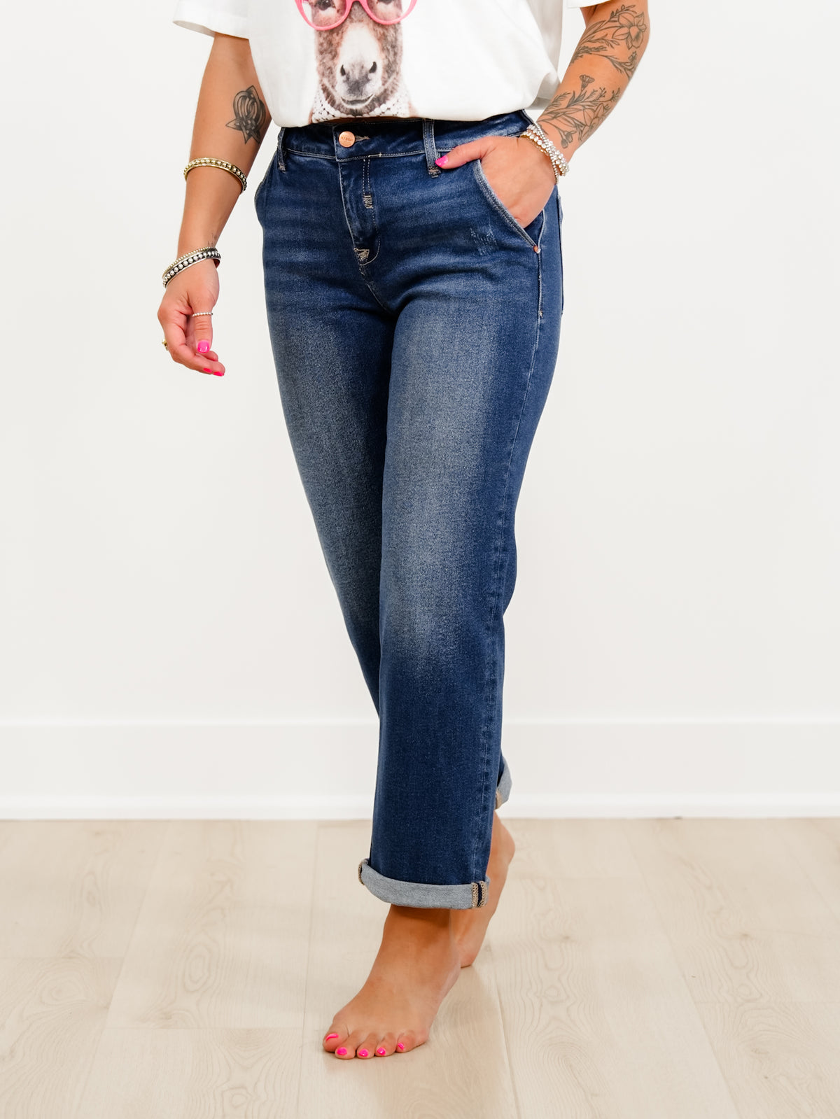 Risen Mid Rise Dark Wash Slouchy Cuffed Boyfriend Jeans - Freckled Poppy