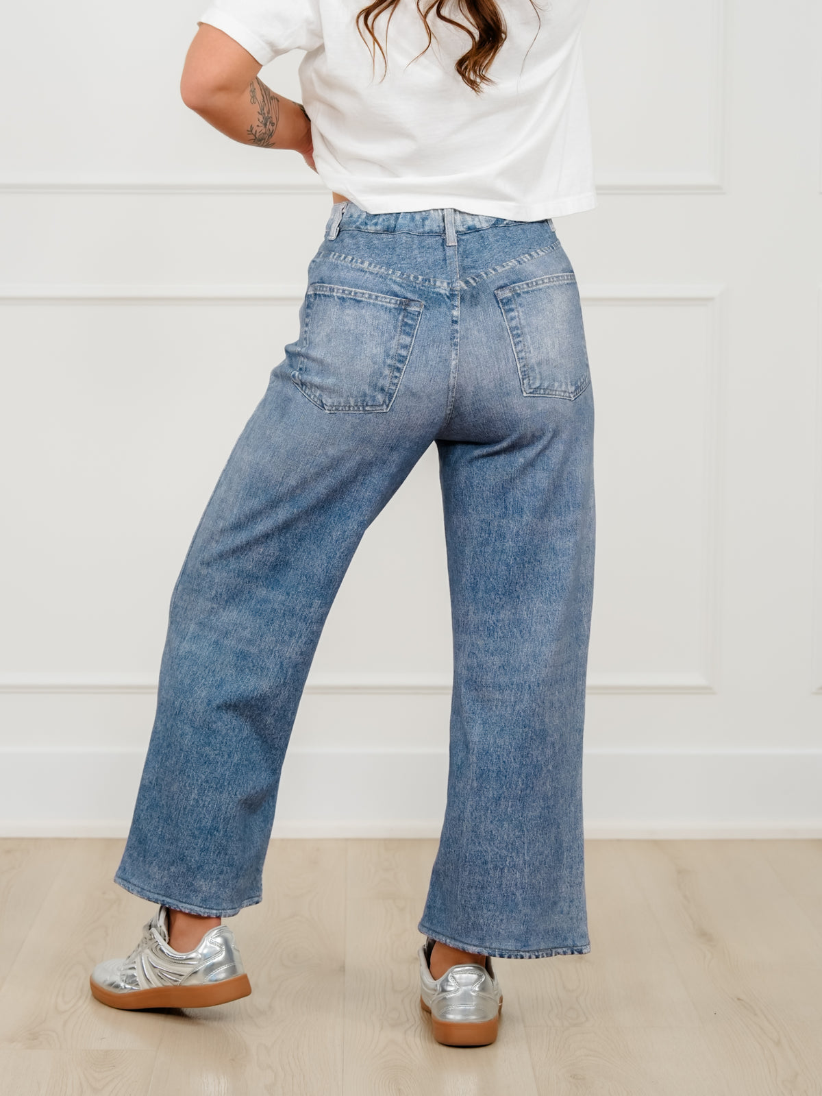 Medium Wash High Rise Straight Leg French Terry Jeans - Freckled Poppy