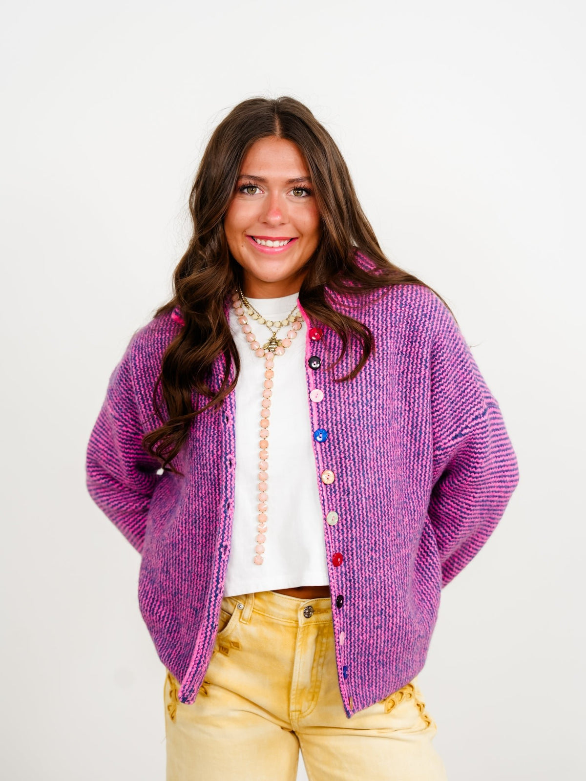 Striped Long Sleeve Mock Neck Sweater Cardigan With Colorful Buttons - Freckled Poppy