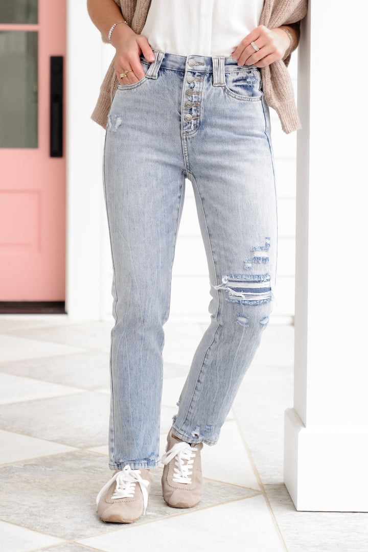 Saige High Rise Medium Wash Tummy Control Button Fly Cropped Slim Straight Leg Jeans - Freckled Poppy