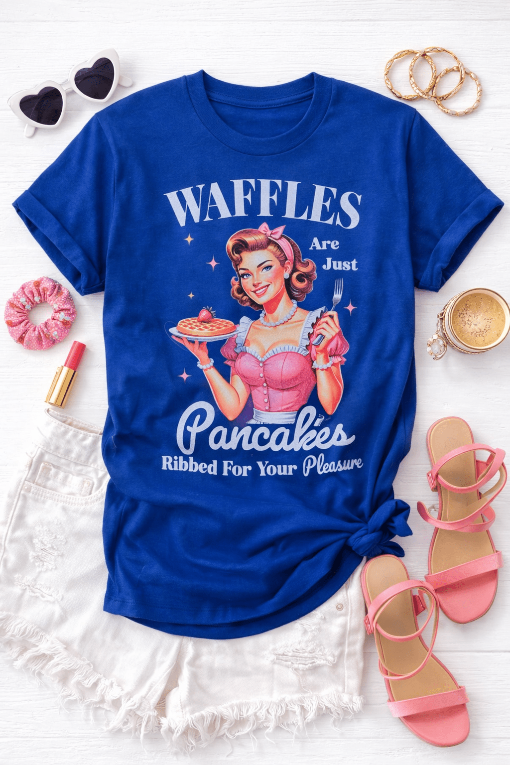 Plus/Reg Short Sleeve "Waffles Are Just Pancakes... " Graphic Tee - Freckled Poppy