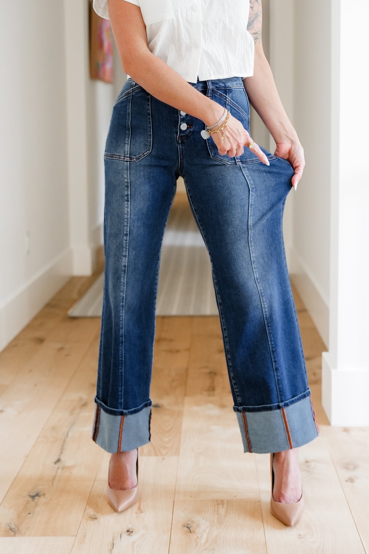 Risen Multi Inseam High Rise Dark Wash Cropped Wide Cuffed Straight Leg Jeans - Freckled Poppy