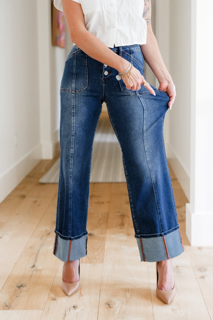 Risen Multi Inseam High Rise Dark Wash Cropped Wide Cuffed Straight Leg Jeans - Freckled Poppy